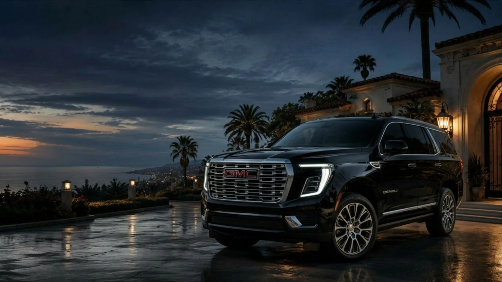 Black GMC Yukon Denali in Santa Barbara at dusk